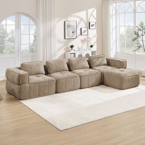 Divano angolare modulare 4 posti con pouf, schiuma 32D, poliestere, sabbia DESVIAE (1/5)