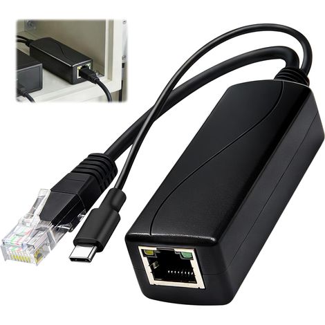 Gigabit PoE Splitter Type C 5V 3A, 48V PoE vers USB-C 5V 3A Sortie IEEE 802.3af/at 10 100 1000 Mbps pour Raspberry Pi 3B, Tablettes, Dropcam Power par Ethernet USB Répartiteur (1/5)