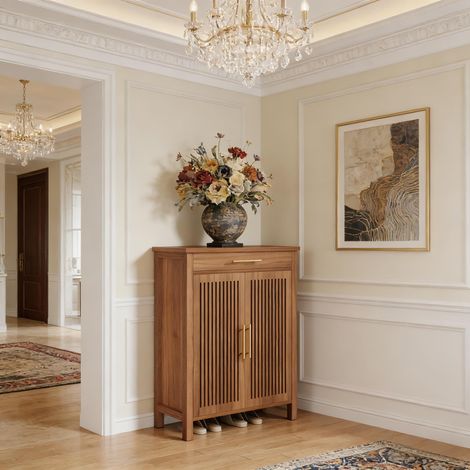 Mueble para Zapatos con 2 Puertas de Lamas, 1 Cajón, Estantes Modulables, para Entrada, MDF, Marrón (1/5)
