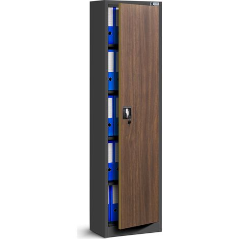 Armoire étroite en métal, colonne avec étagères ALEX, 450 x 1850 x 400 mm, Eco Design: anthracite/ noyer (1/3)