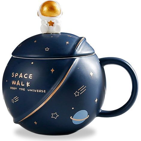 Cute Kawaii astronaut-patterned ceramic mug with lid and spoon, personalized mugs for coffee, tea, and milk, Mother's Day gift, birthday gift for women/children, 400 ml (1/5)