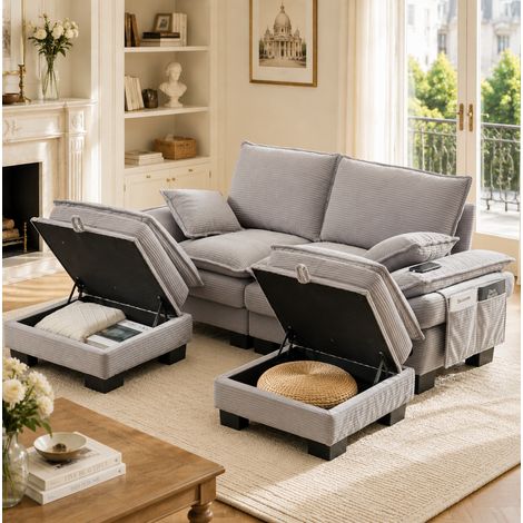 Divano 2 posti modulare in velluto a coste grigio chiaro 190x132x84 cm con 2 pouf, USB-C e tasche laterali (1/5)