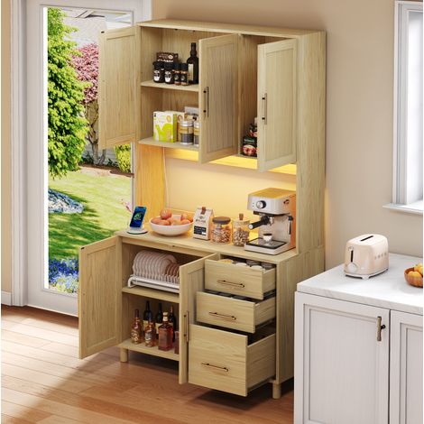 Aparador natural con iluminación LED Bluetooth, 2 USB, 2 enchufes, estantes, 3 cajones, manijas doradas (1/5)