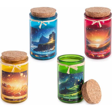 Candele alla Citronella in barattolo di vetro con tappo in sughero e nastrino, set da 8 pezzi, Ø 5,5 cm x 9,5 H