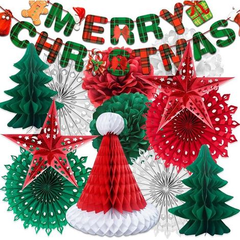 15 pièces de décorations de Noël : guirlandes, lanternes, éventails à pompons, pompons en papier, structure alvéolée 3D, ensemble de décorations de Noël, décorations de fête, ornements de Noël, décora (1/5)