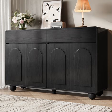 Buffet de salon à portes cintrées, meuble de rangement moderne en panneaux de particules et MDF, pieds ronds en métal (1/4)