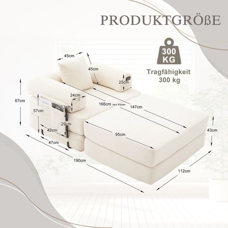 Fauteuil de compression velours côtelé avec repose-pieds, structure métallique, rembourrage épais, poche latérale, coussin inclus, 130x80x70 cm