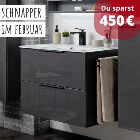 FACKELMANN LUNA Badmöbel Set 2 Teile / Glas Waschbecken / Waschbeckenunterschrank mit 2 Schubladen / Badschrank mit Soft-Close / hochwertige Möbel fürs Bad / Korpus & Front: Schwarz / Breite: 80 cm"-" (1/5)