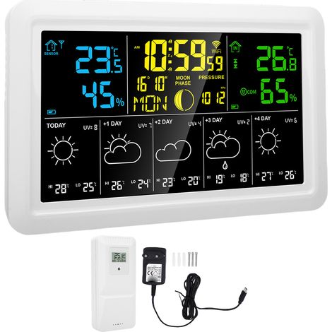 Horloge Météo WiFi Écran Couleur 7,5" Hygromètre Thermomètre Intérieur Extérieur Prévisions Barométrique Phase Lunaire (1/5)