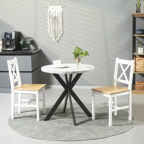 Lot de 2 chaises de salle à manger en bois massif chaise de cuisine esprit campagne dossier croisé blanc et chêne