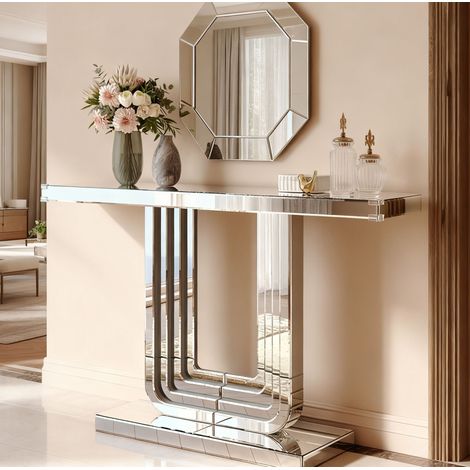 Table console miroir 120 cm argentée en MDF et verre OKWISH (1/5)