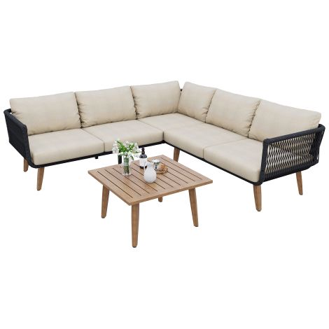 Gartensofa Set Lounge Set Garten mit Couchtisch, Gartenmöbel Set aus Verzinktem Stahlrahmen, Olefin, Seilgeflecht, Beige Schwarz