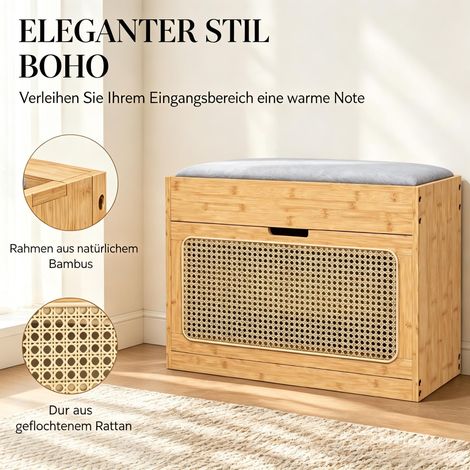 Banc à chaussures en bambou pour entrée, banque de rangement avec coussin assis, porte en rotin et étagère réglable en hauteur (1/5)