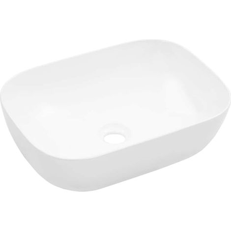 Lavabo céramique à poser rectangulaire blanc 45,5 x 32 x 13 cm – Évier de salle de bain design moderne avec trou de vidange 4,5 cm (1/5)