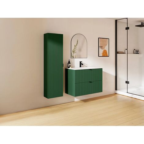 Mobile bagno sospeso con scanalature con lavabo da incasso e colonna - Verde opaco - 80 cm -ZEVINI (1/5)