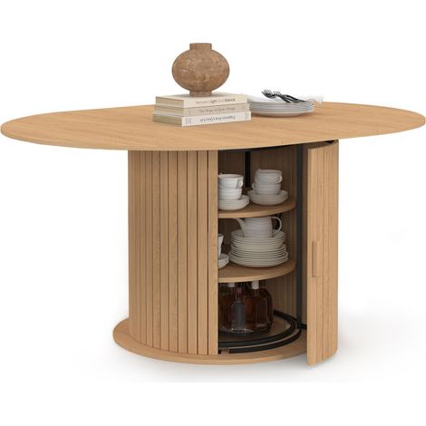 Table à manger extensible ronde JULIETTE 4-8 personnes pied lattes avec rangement 110-150 cm