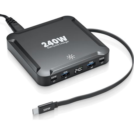 Chargeur USB C multiple 240 W, câble extensible USB-C 100 W + 2 C + 2 A, chargeur rapide USB 5 en 1 pour ordinateur portable, compatible avec MacBook Pro/Air, i-Pad, iPhone, HP, Galaxy S25, etc (1/5)
