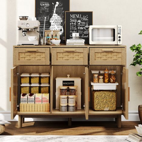 Buffet de rangement en bois avec 3 tiroirs et 3 portes, design tressé naturel,buffet d'entrée de salon, meuble de rangement, couleur naturelle,108x40x80 cm (1/5)