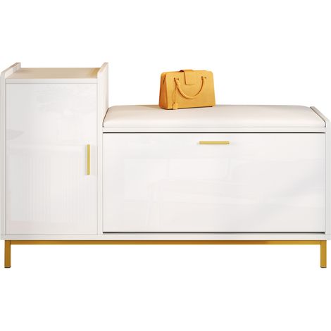 CHICFURN Mobile portascarpe con panca 100x38x68 cm bianco e oro con seduta imbottita e ripiani (1/5)