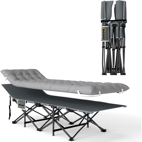 Lit de camping pliable, matelas. Lit de Camp Pliant. pochette latérale et sac intégré. 185 x 68 x 37 cm. gris clair