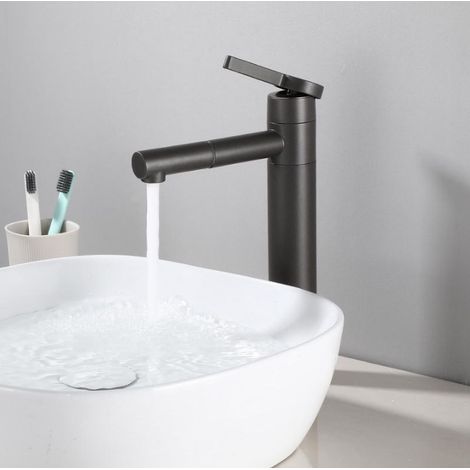 Robinet Salle de Bain Mitigeur Lavabo Haut Bec Pivotant 360° pour Vasque Robinetterie de en Inox Acier Noir (1/5)