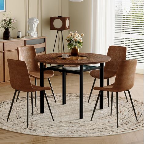 Table ronde avec 4 chaises en tissu, plateau MDF aspect bois brun et insert verre, rangement intégré pour 4 à 6 personnes, salon ou salle à manger CHICFURN (1/5)