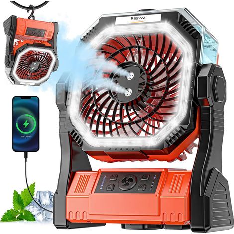 Ventilateur Camping avec Brumisateur et Minuterie, 20000 mAh Ventilateur Rechargeable de 4 Vitesses, Ventilateur Batterie de Table USB avec Éclairage LED, pour Voyages,Barbecue,Pêche (1/5)