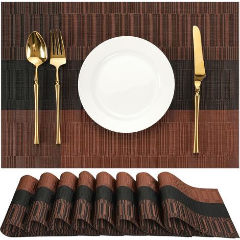 Sets de Table Lot de 8, Set de Table Lavable Plastique PVC Tissé Sets de Table Résistant à l'usure à la Chaleur pour Table de Cuisine (Noir Marron, Lot de 8) (1/5)