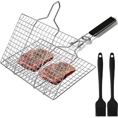 Cesta para parrilla de barbacoa, Acero inoxidable, con 2 cepillos de silicona, Cesta plegable para parrilla de barbacoa, Camping y jardín (1/5)