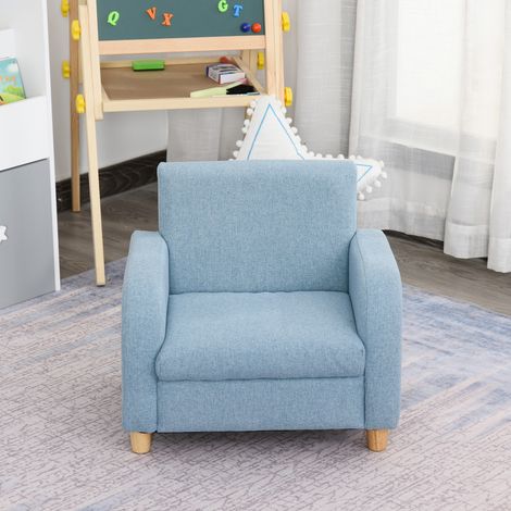 Sillón infantil de diseño escandinavo, gran confort, reposabrazos, asiento y respaldo acolchados, espuma de alta densidad, patas de madera, goma, lino, azul.