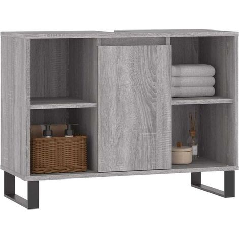 Meuble de Salle de Bain avec Vasque, 80x33x60 cm, Couleur Gris Sonoma, Bois d'Ingénierie, Design Moderne et Compact pour WC ou Douche (1/5)