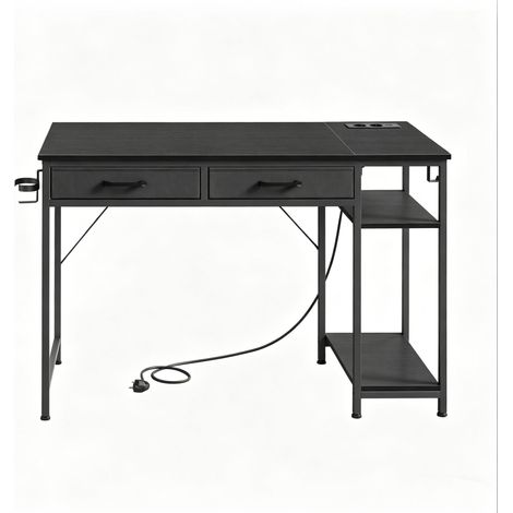 Bureau informatique noir avec 2 tiroirs en tissu et station de recharge (1/5)