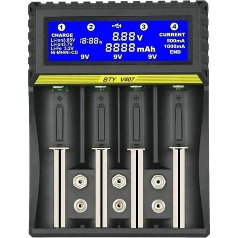 BTY-V407 Chargeur De Batterie Li-Ion Li-Fe Ni-MH Ni-CD Intelligent Chargeur Rapide Pour 18650 26650 6F22 9V AA AAA 16340 14500 (1/4)