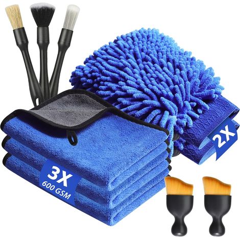 Car Wash Kit 10 Pieces 3 Microfiber Cloths 2 Gloves 5 Soft Inner Brushes Double Sided Drying Towels (1/5)