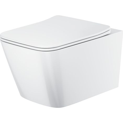 Orbit Riviera Square Rimless Wall Hung Toilet Pan with Soft Close Seat - Gloss White