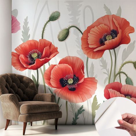Papier peint autocollant adhésif décoratif avec motifs pour salon et chambre a motif Coquelicots rouges 250x250 cm (1/5)