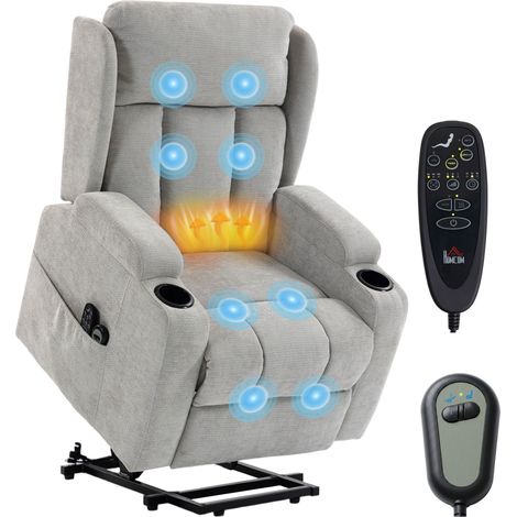 Fauteuil releveur électrique - HOMCOM - massage vibrant et chauffage - appui-tête pliable - chenille - 82 x 89 x 110 cm - gris clair