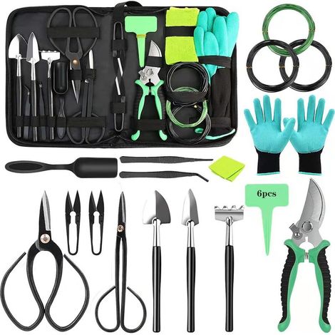 Ensemble de bonsaï 24 pièces, kit d'outils de jardin, ensemble de jardinage pour bonsaï pour jardinier débutant, machette, sac de rangement, truelle de jardinage, mini râteau et pelle et gants de jard (1/5)