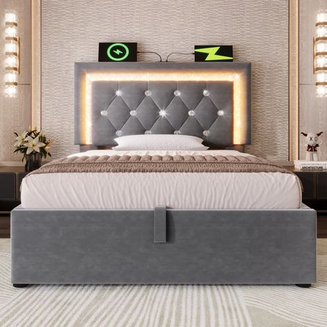 Lit coffre 90x200 velours gris, LED tête de lit diamant, USB/Type-C (1/5)