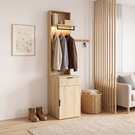 MODFU – Mobile guardaroba 45x47x200 cm in MDF con appendiabiti LED, cassetto portagioie, 2 scomparti e carico 30/20 kg – Rovere (1/5)