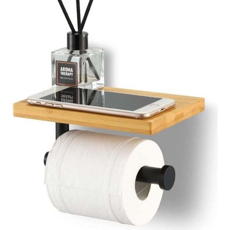 Toilettenpapierhalter mit Bambusablage, Badezimmer-Rollenhalter aus Edelstahl SUS304, Wandmontage, Befestigung mit Schrauben oder 3M-Klebeband, Schwarz