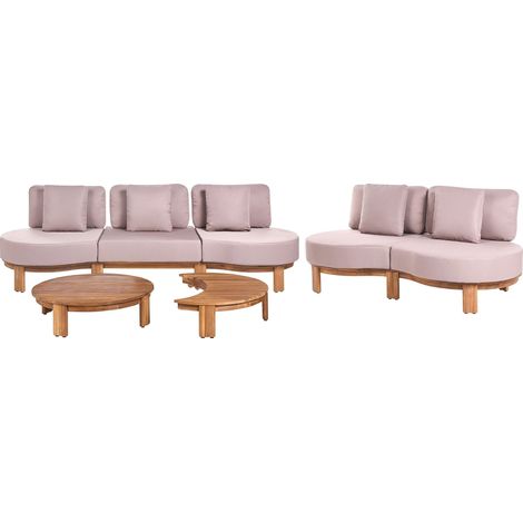 Garden Lounge Sofa Light Brown Acacia Wood Fabric Cushions Beige 5 Seater Sofas and Tables Garden Furniture ARZELLO (1/5)