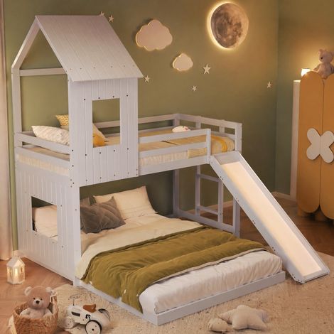 MEUBLIV Lit superposé cabane avec toboggan et échelle trois marches en pin et MDF blanc 90 x 200 cm et 140 x 200 cm (1/5)