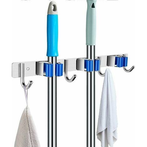 Gerätehalterung, wandmontierte Halterung für Mopp und Besen mit selbstklebendem Edelstahlhaken zum Aufhängen des Besens, 3 Halterungen und 4 Haken (blau) (1/5)