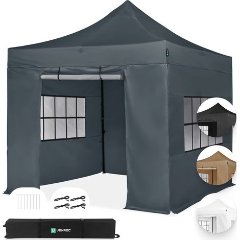 VONROC Faltpavillon 3x3 m – Set inkl. Seitenwände – Modulares Design – Faltbar – Wasserdicht – Stahlrahmen – UV-Schutz 50+ – inkl. Aufbewahrungstasche – Grau
