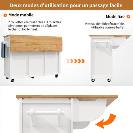 Îlot de cuisine avec placard 120x73(45)x92 cm, meuble de rangement et plan de travail rabattable, porte-serviettes, étagère à épices, rangement de porte, casier à vin et tablettes réglables, blanc/noi (1/5)