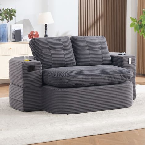 Poltrona letto 2-in-1 in corda, sofa letto con funzione reclinabile, sofa a terra compresso con braccioli regolabili, 2 portabicchieri, schienale alto e seduta extra profonda, grigio scuro (1/5)