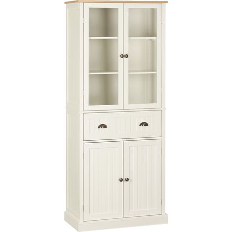 Buffet cuisine 4 portes (2 vitrées) et 1 tiroir, hauteur 182,5 cm, étagères réglables, beige, meuble de rangement armoire (1/5)