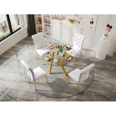 Juego de comedor de 5 piezas, diseño elegante, asientos de PVC, metal, blanco (1/5)