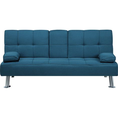Sofá cama 3 plazas de tela azul mesa abatible convertible click clack moderno Roxen (1/5)